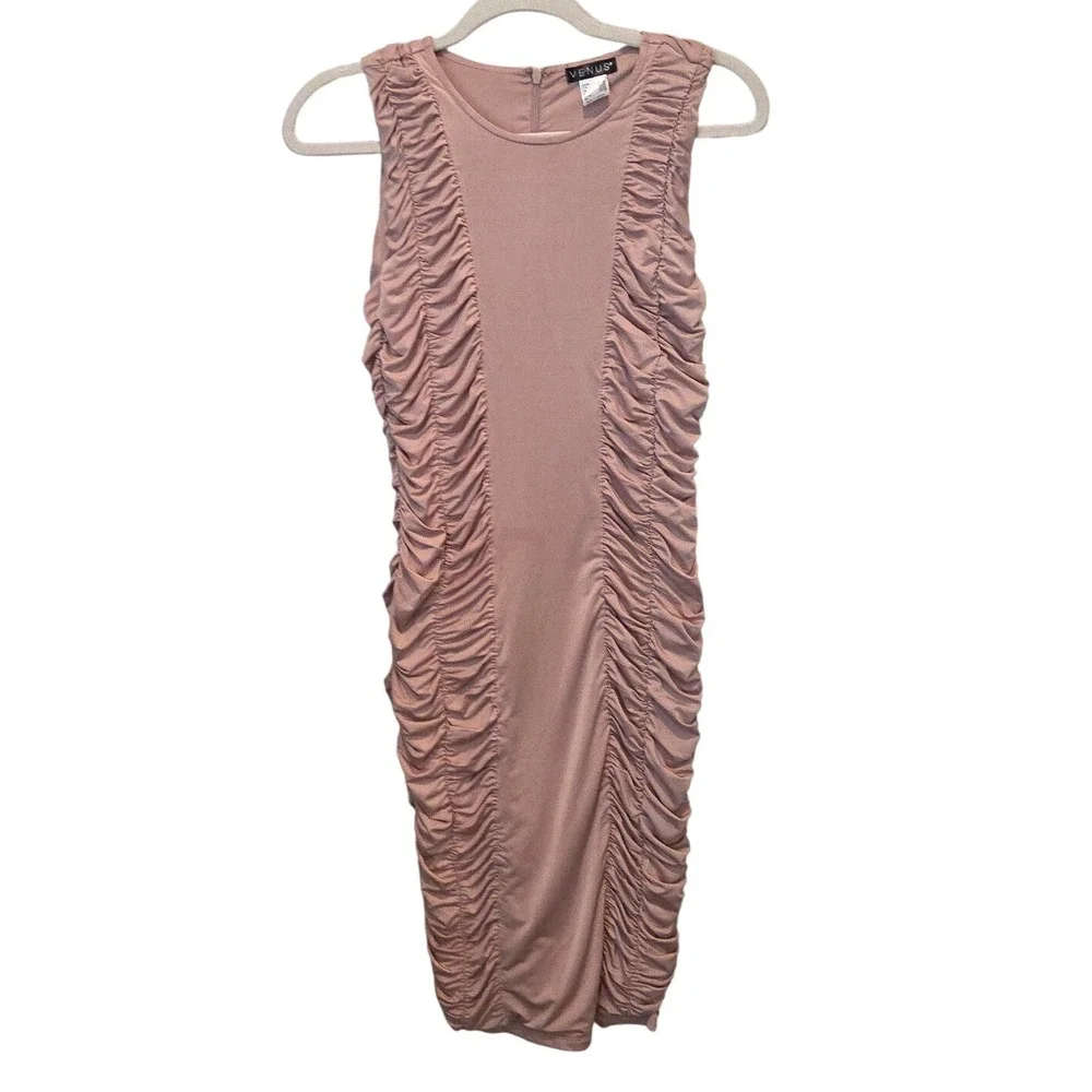 Venus Ruched Sleeveless Bodycon Midi Dress Size S Taupe‎ Neutral